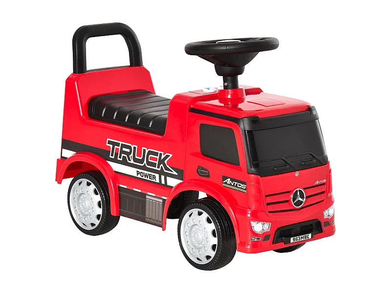 Voiture porteur enfant camion licence Mercedes-Benz Antos 12-36 mois coffre effets lumineux sonores rouge