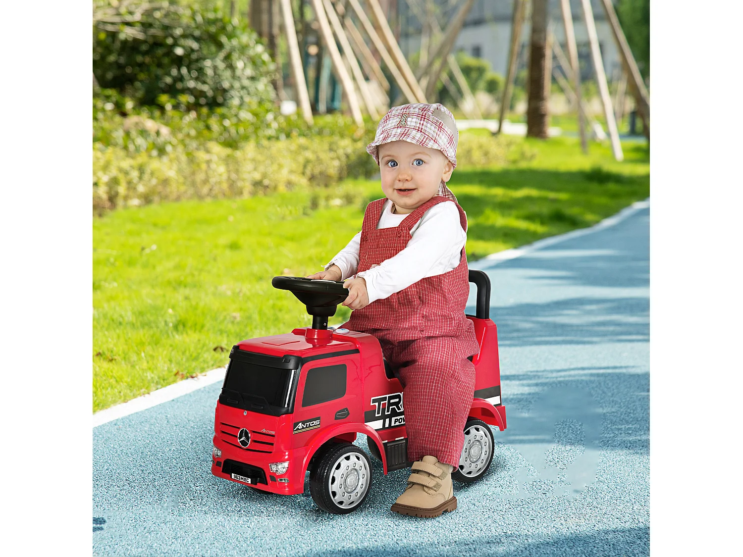 Voiture porteur enfant camion licence Mercedes-Benz Antos 12-36 mois coffre effets lumineux sonores rouge
