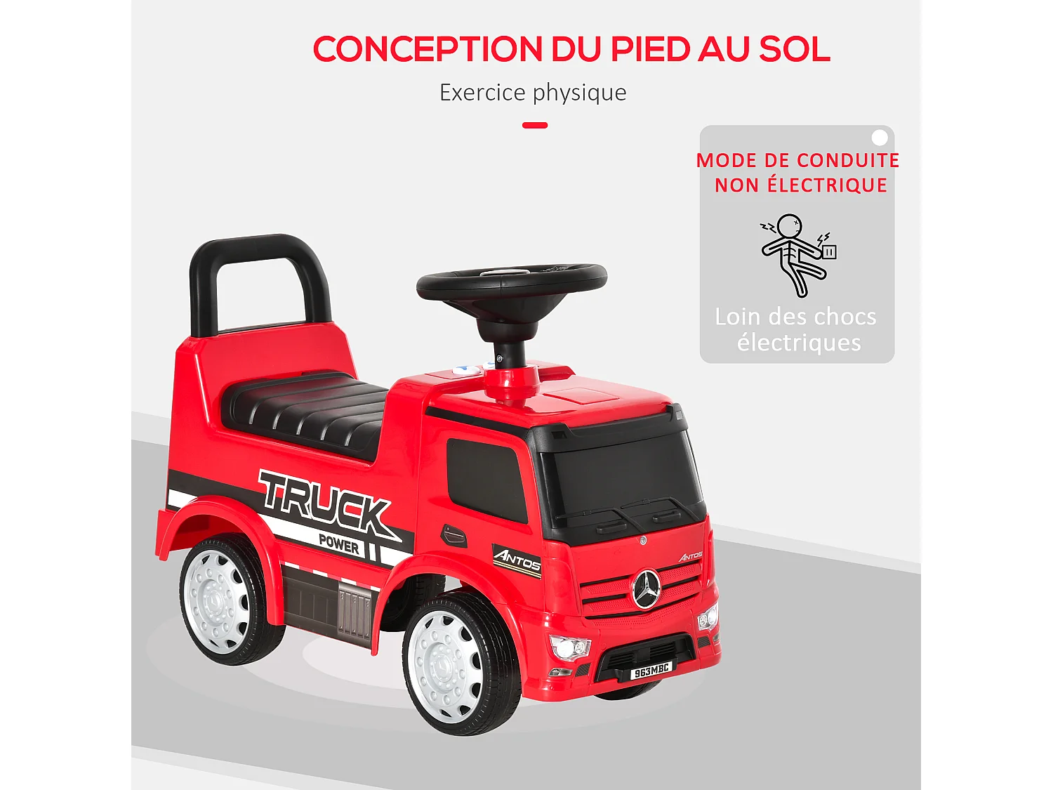 Voiture porteur enfant camion licence Mercedes-Benz Antos 12-36 mois coffre effets lumineux sonores rouge
