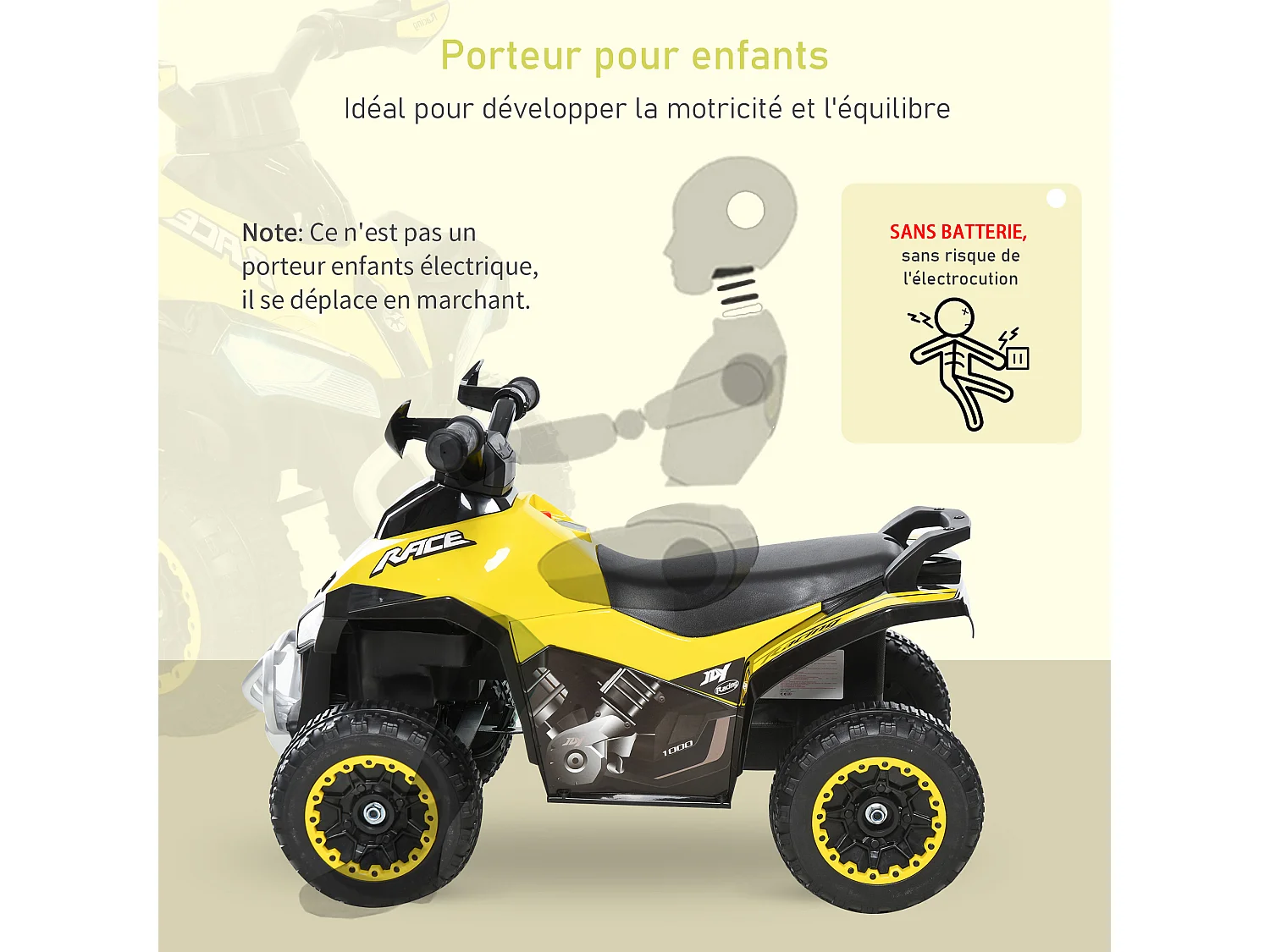 Porteur enfants quad 18-36 mois dim. 67L x 38l x 44H cm effets lumineux et sonores jaune noir