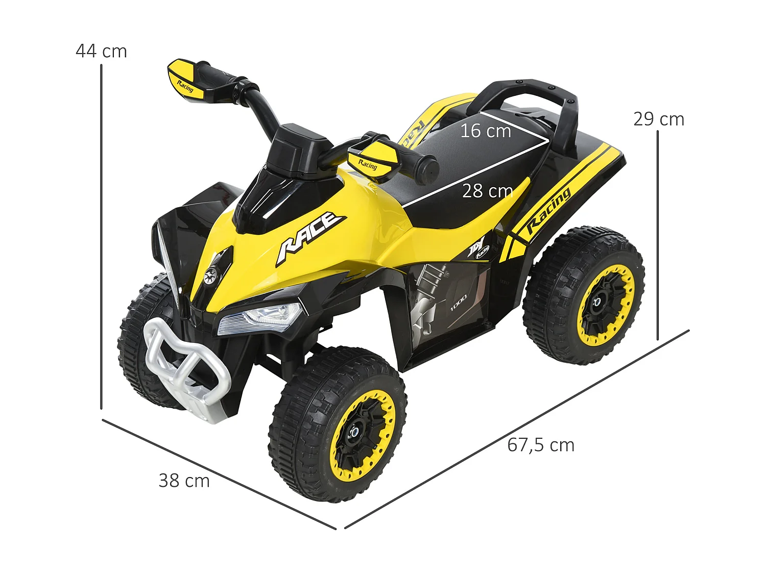 Porteur enfants quad 18-36 mois dim. 67L x 38l x 44H cm effets lumineux et sonores jaune noir