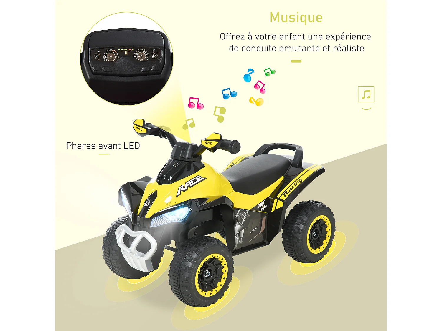 Porteur enfants quad 18-36 mois dim. 67L x 38l x 44H cm effets lumineux et sonores jaune noir