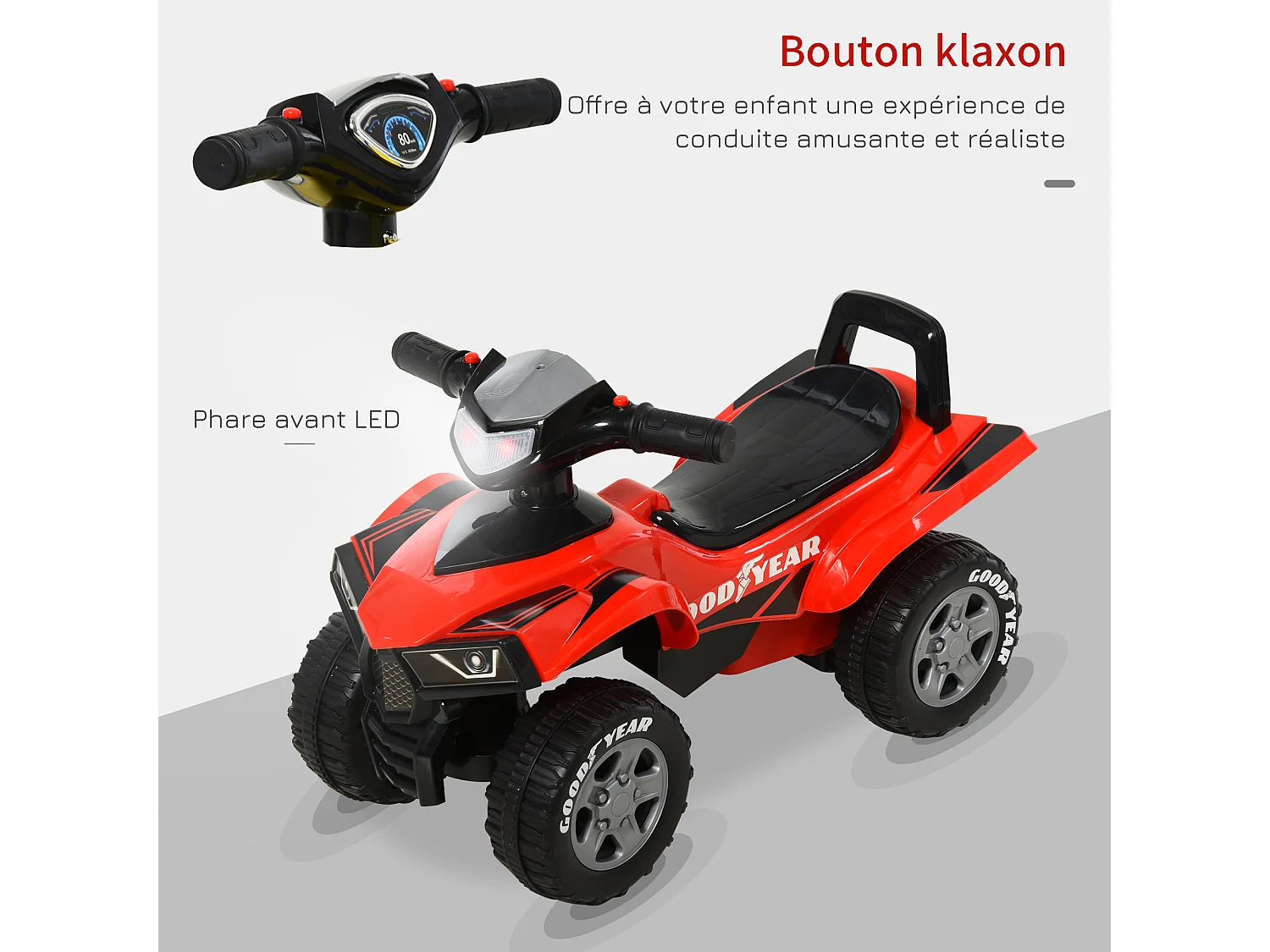 Porteur enfants quad 18-36 mois dim. 60L x 31l x 42H cm effets lumineux et sonore rouge noir