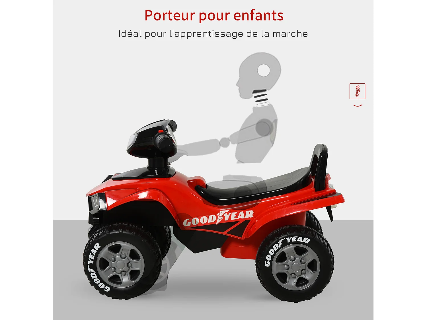 Porteur enfants quad 18-36 mois dim. 60L x 31l x 42H cm effets lumineux et sonore rouge noir