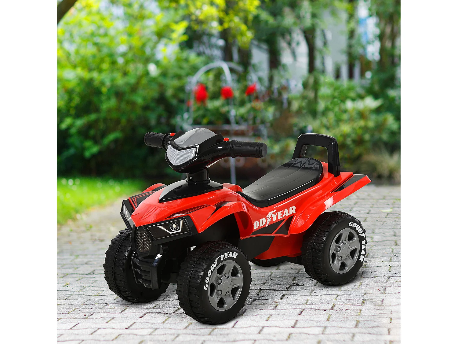 Porteur enfants quad 18-36 mois dim. 60L x 31l x 42H cm effets lumineux et sonore rouge noir