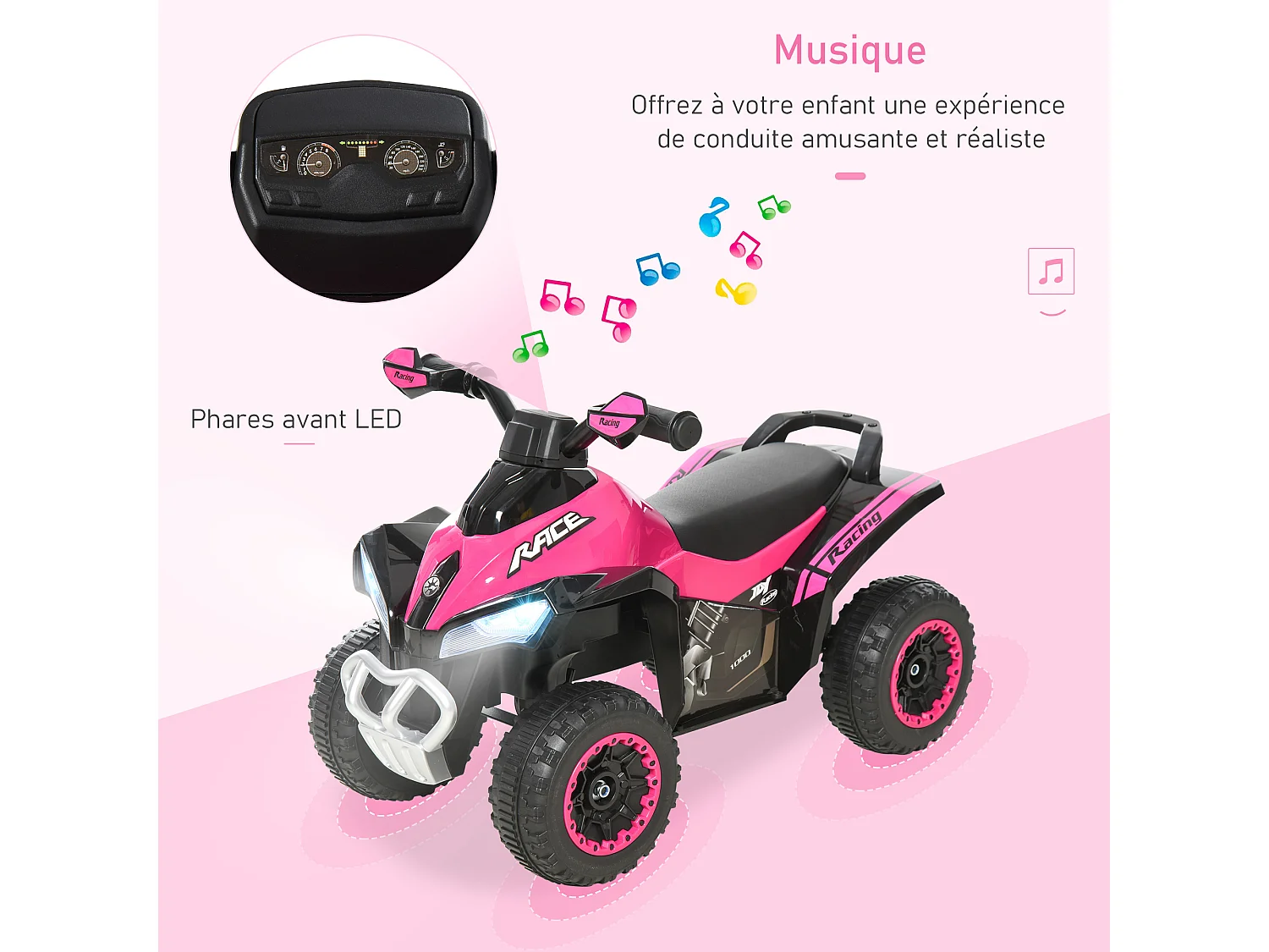 Porteur enfants quad 18-36 mois dim. 67L x 38l x 44H cm effets lumineux et sonores rose noir