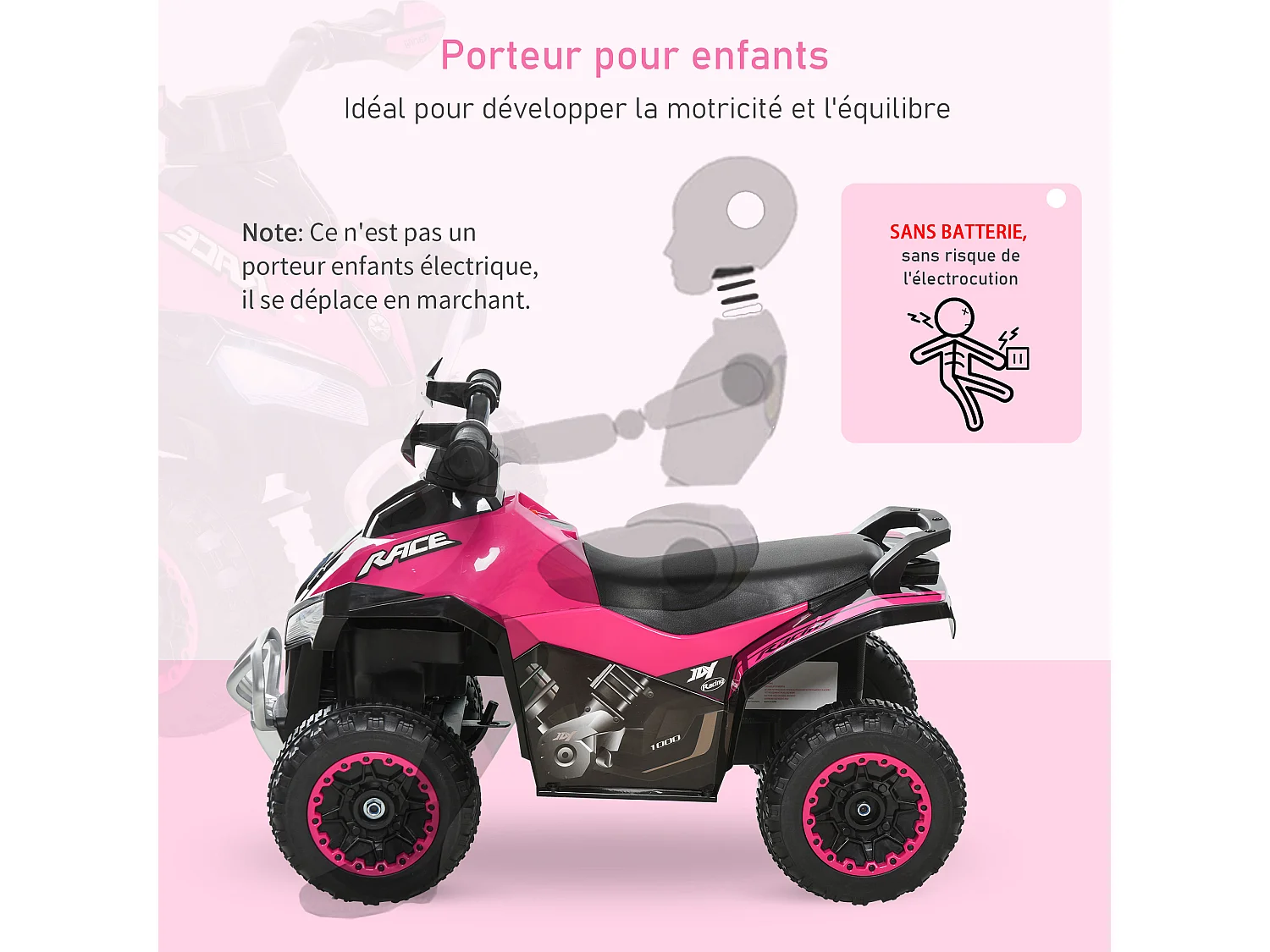 Porteur enfants quad 18-36 mois dim. 67L x 38l x 44H cm effets lumineux et sonores rose noir