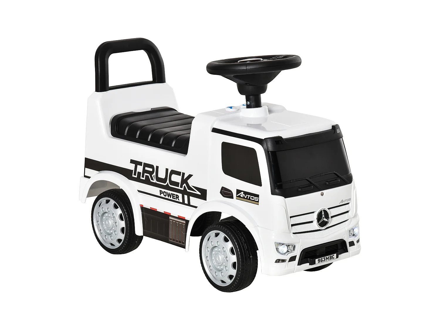 Voiture porteur enfant camion licence Mercedes-Benz Antos 12-36 mois coffre effets lumineux sonores blanc