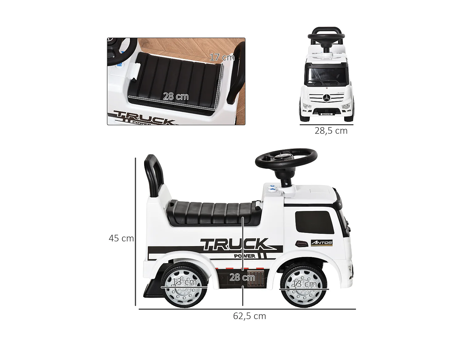 Voiture porteur enfant camion licence Mercedes-Benz Antos 12-36 mois coffre effets lumineux sonores blanc