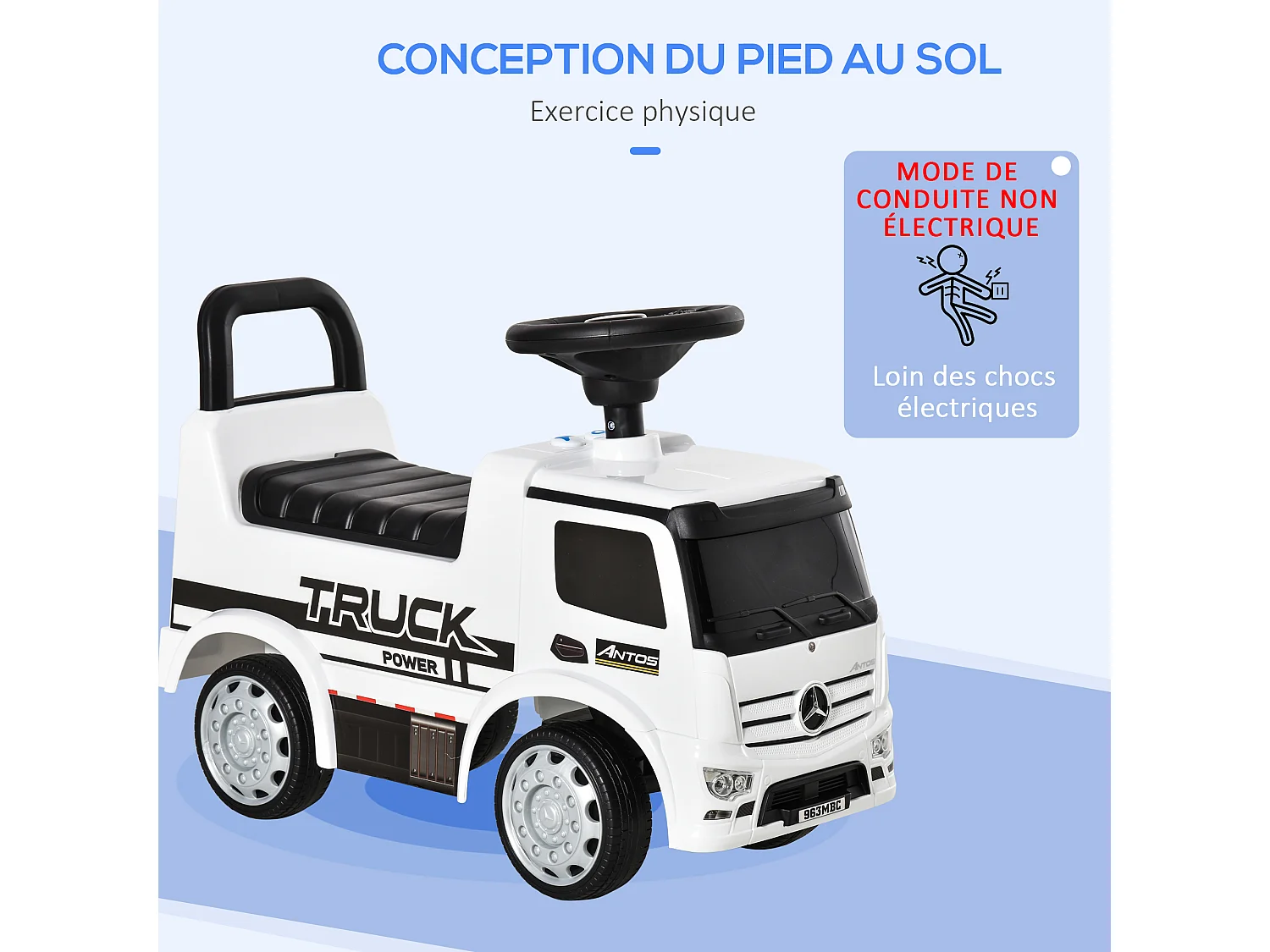 Voiture porteur enfant camion licence Mercedes-Benz Antos 12-36 mois coffre effets lumineux sonores blanc