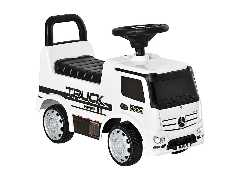 Voiture porteur enfant camion licence Mercedes-Benz Antos 12-36 mois coffre effets lumineux sonores blanc