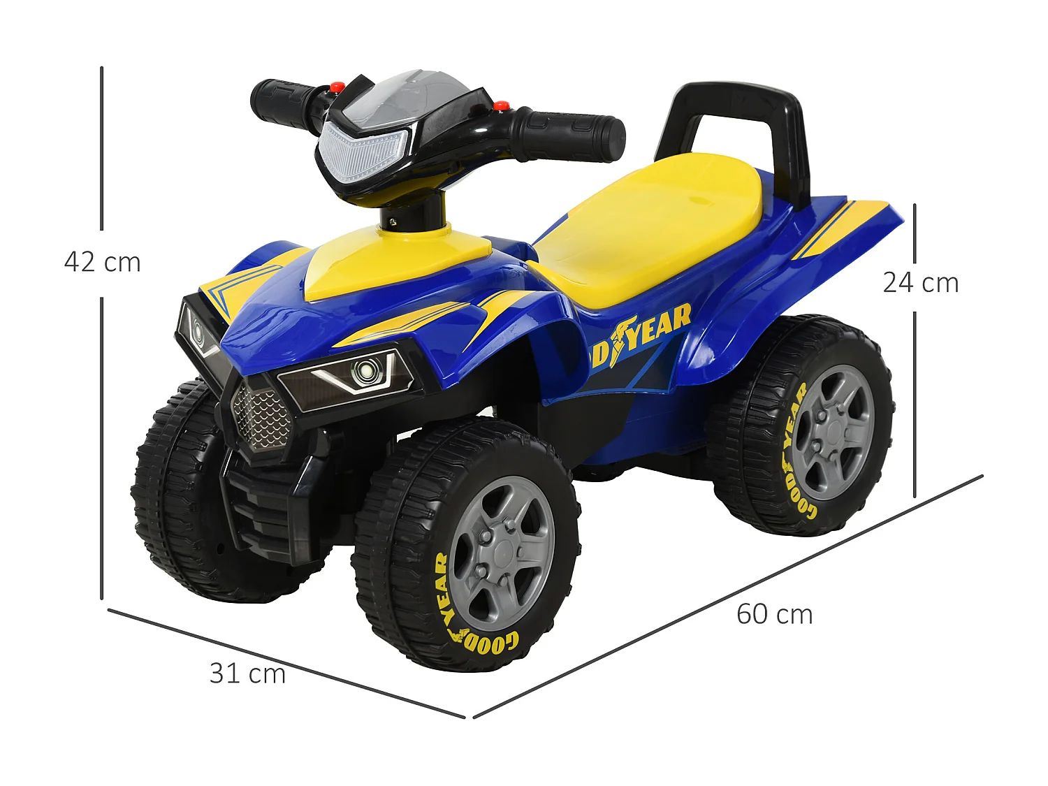 Porteur enfants quad 18-36 mois dim. 60L x 31l x 42H cm effets lumineux et sonore bleu jaune