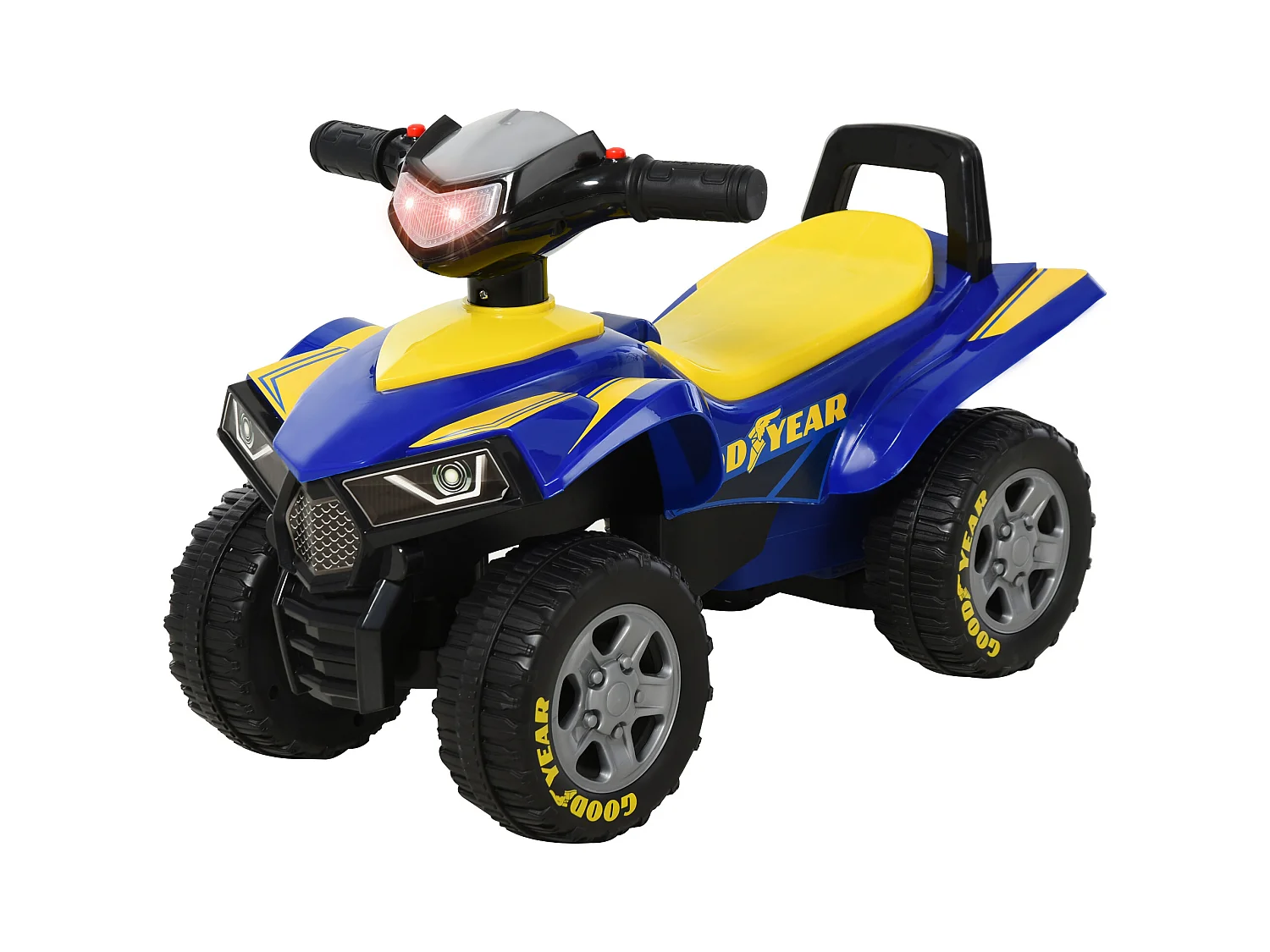 Porteur enfants quad 18-36 mois dim. 60L x 31l x 42H cm effets lumineux et sonore bleu jaune