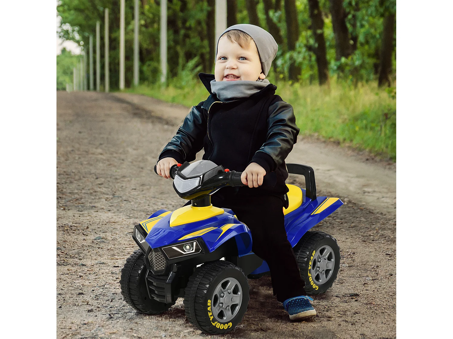 Porteur enfants quad 18-36 mois dim. 60L x 31l x 42H cm effets lumineux et sonore bleu jaune