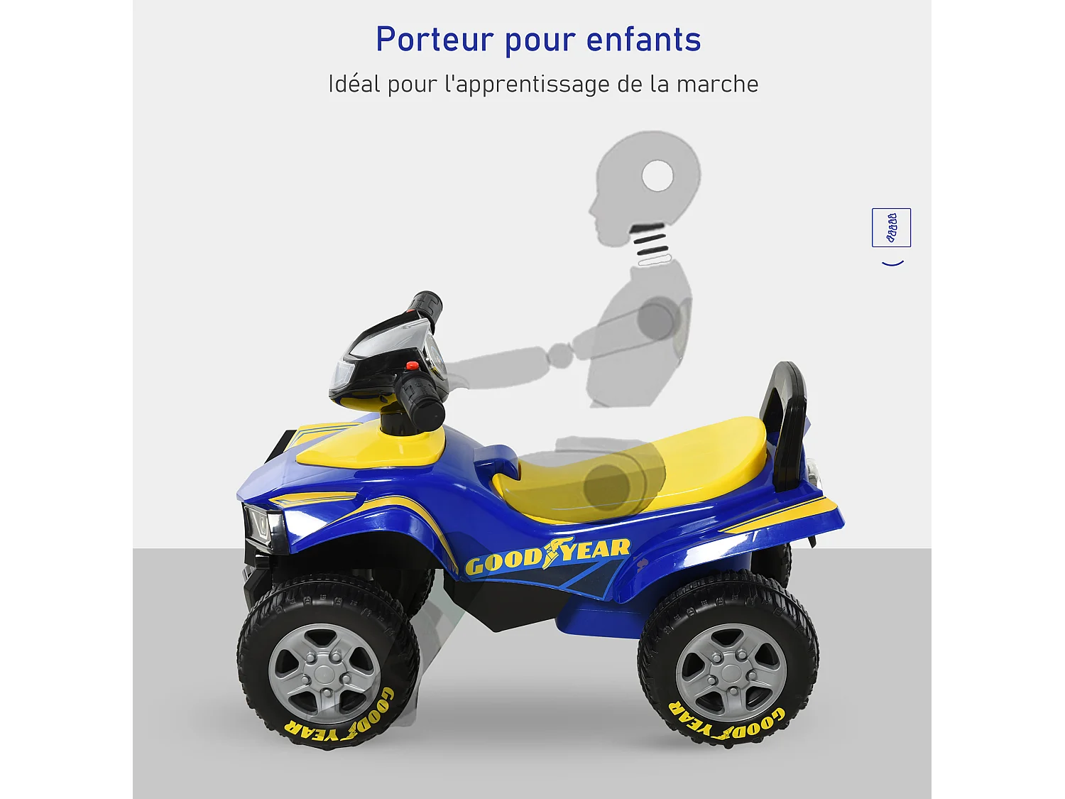 Porteur enfants quad 18-36 mois dim. 60L x 31l x 42H cm effets lumineux et sonore bleu jaune