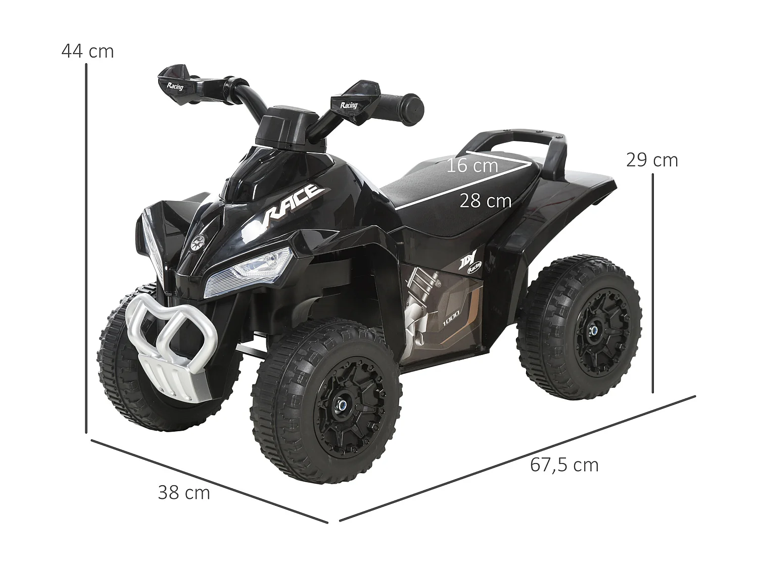 Porteur enfants quad 18-36 mois dim. 67L x 38l x 44H cm effets lumineux et sonores noir