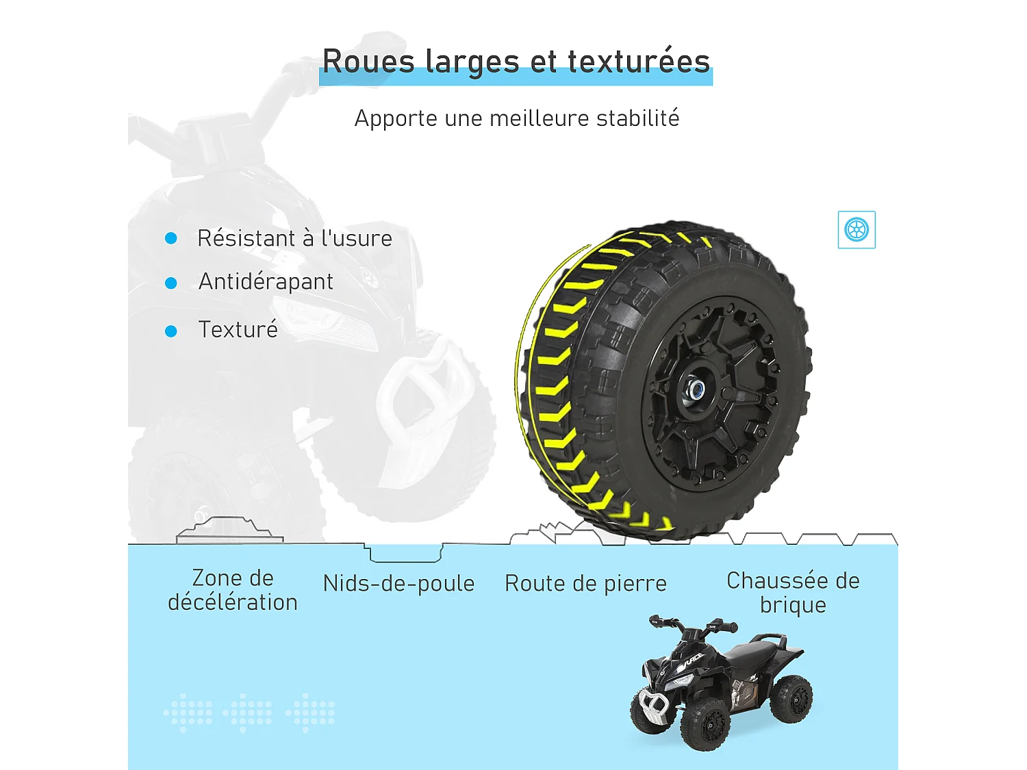 Porteur enfants quad 18-36 mois dim. 67L x 38l x 44H cm effets lumineux et sonores noir