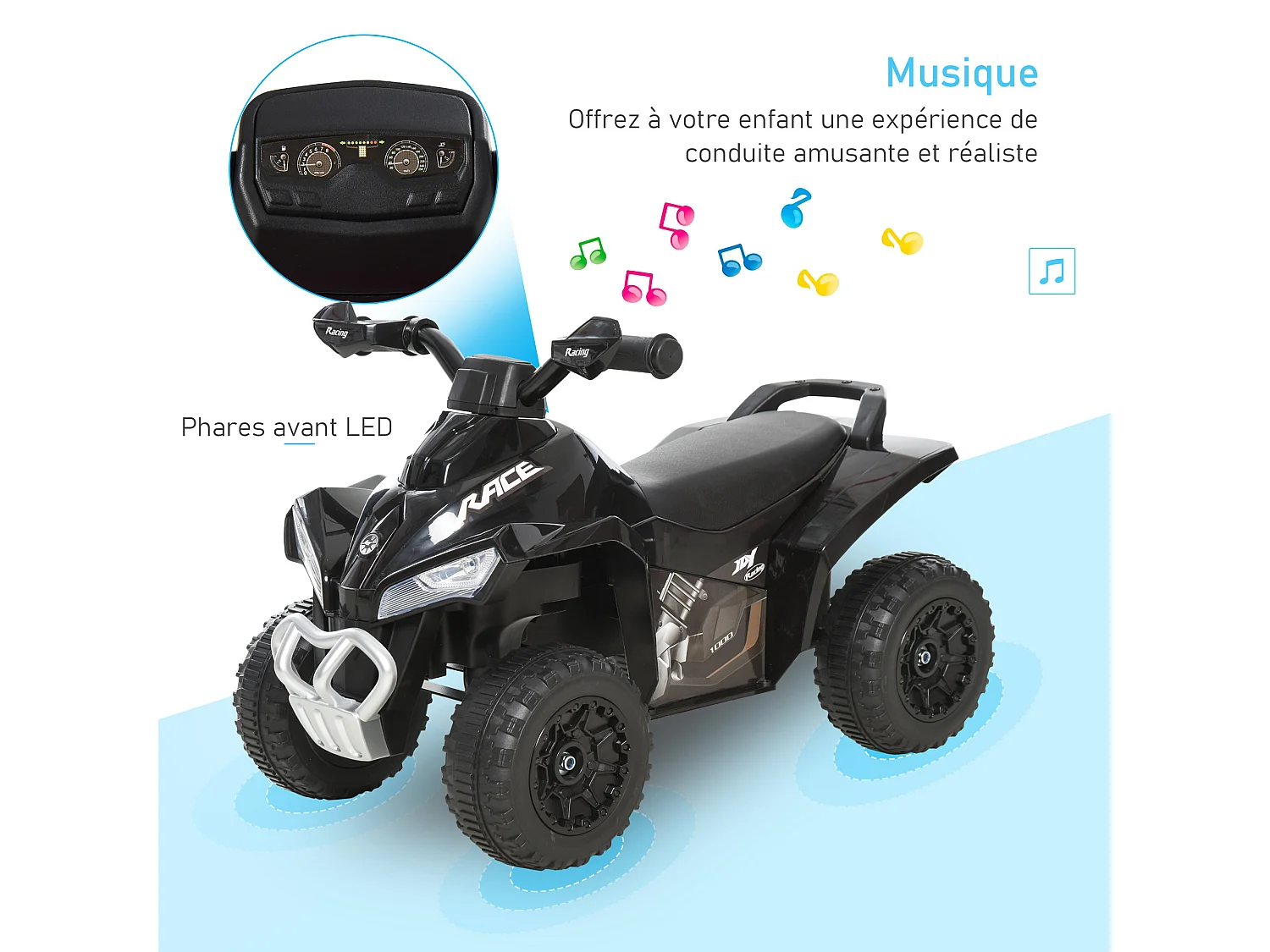 Porteur enfants quad 18-36 mois dim. 67L x 38l x 44H cm effets lumineux et sonores noir