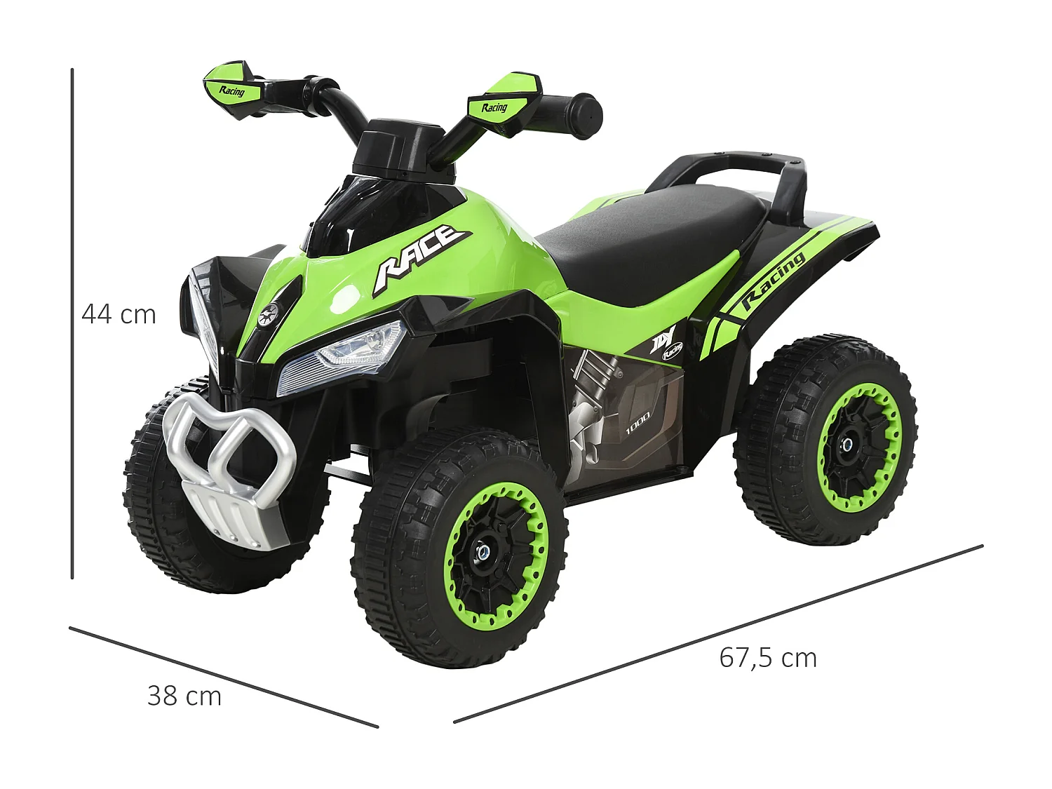 Porteur enfants quad 18-36 mois dim. 67L x 38l x 44H cm effets lumineux et sonores vert noir