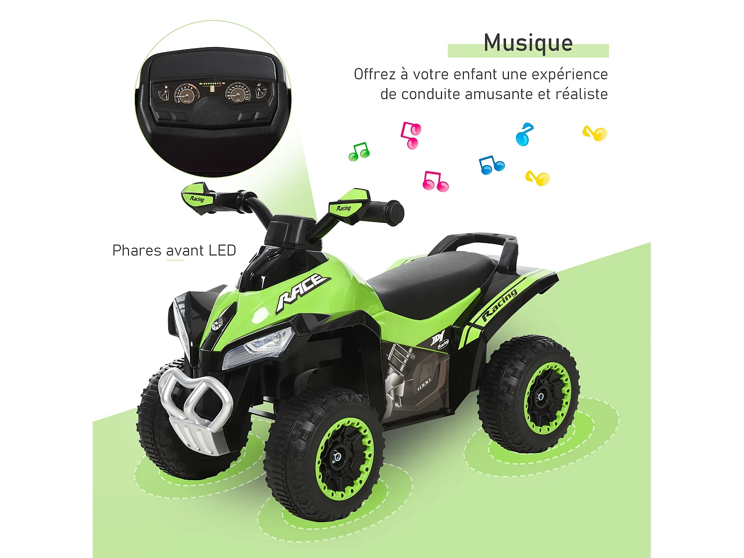 Porteur enfants quad 18-36 mois dim. 67L x 38l x 44H cm effets lumineux et sonores vert noir