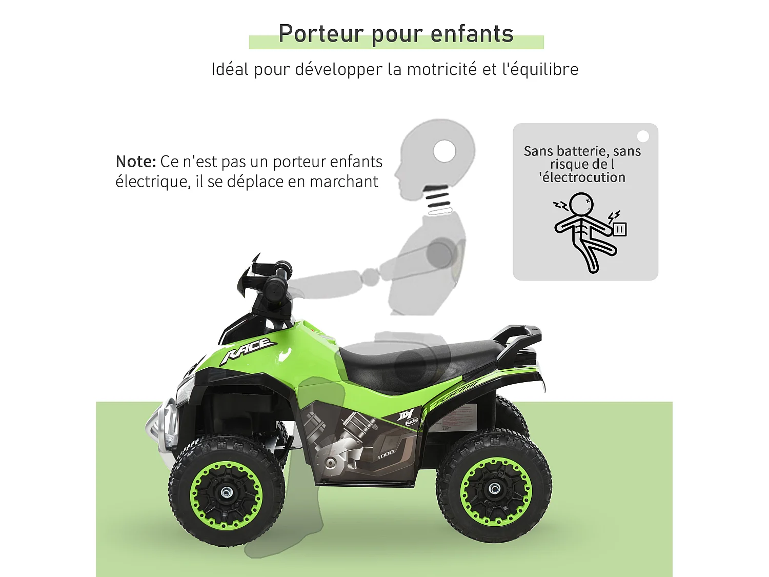 Porteur enfants quad 18-36 mois dim. 67L x 38l x 44H cm effets lumineux et sonores vert noir