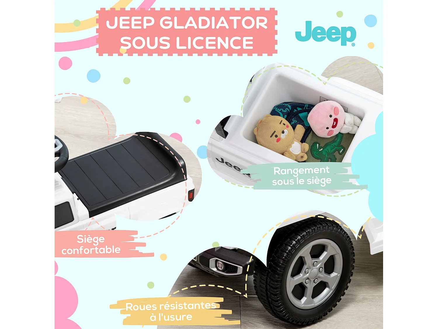 Porteur enfant voiture 18-36 mois klaxon bruit moteur coffre butée arrière anti-basculement blanc