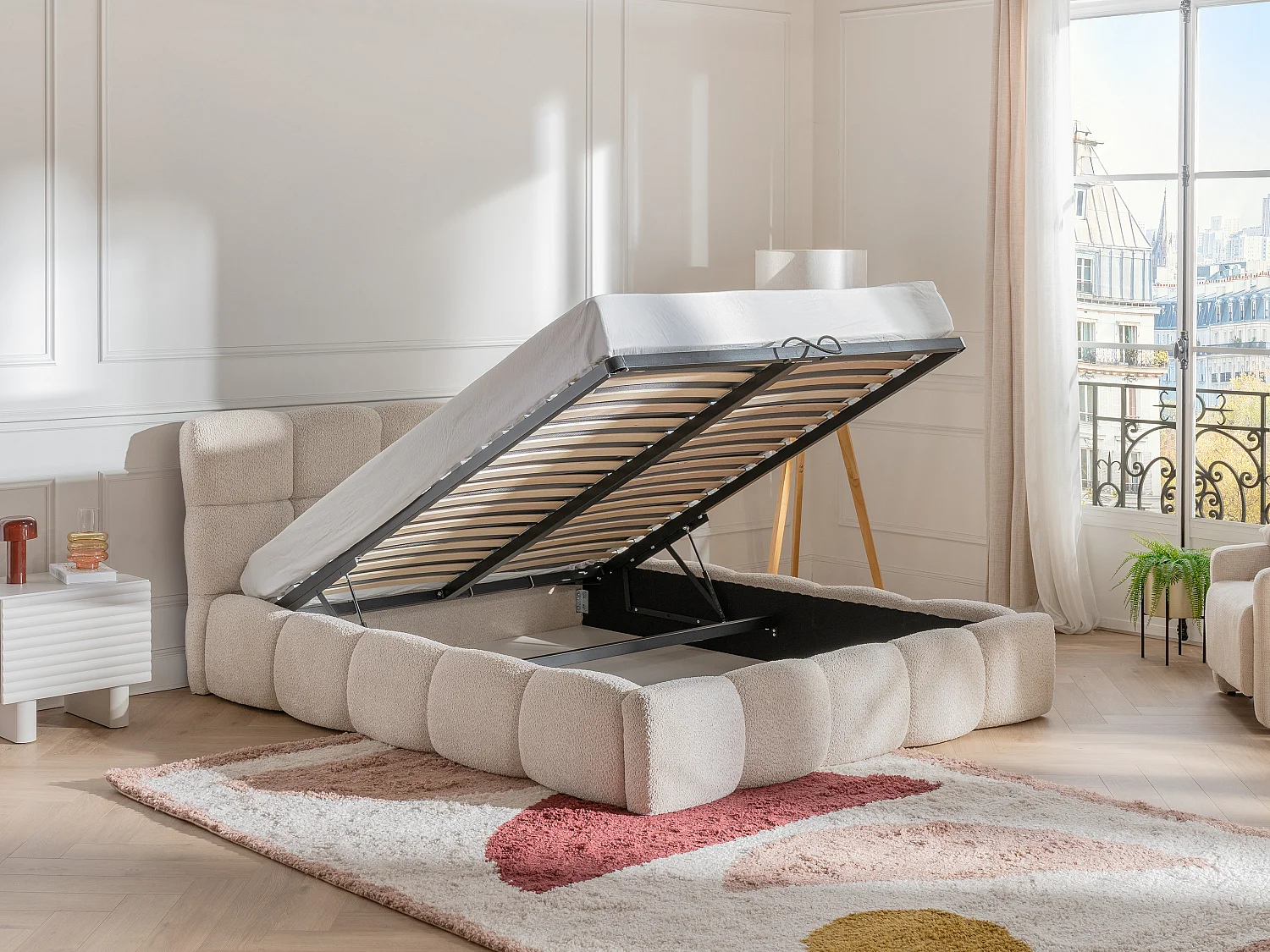 Bed met opbergruimte - 160 x 200 cm - Teddy-stof - Beige - DAMADO II - Pascal Morabito