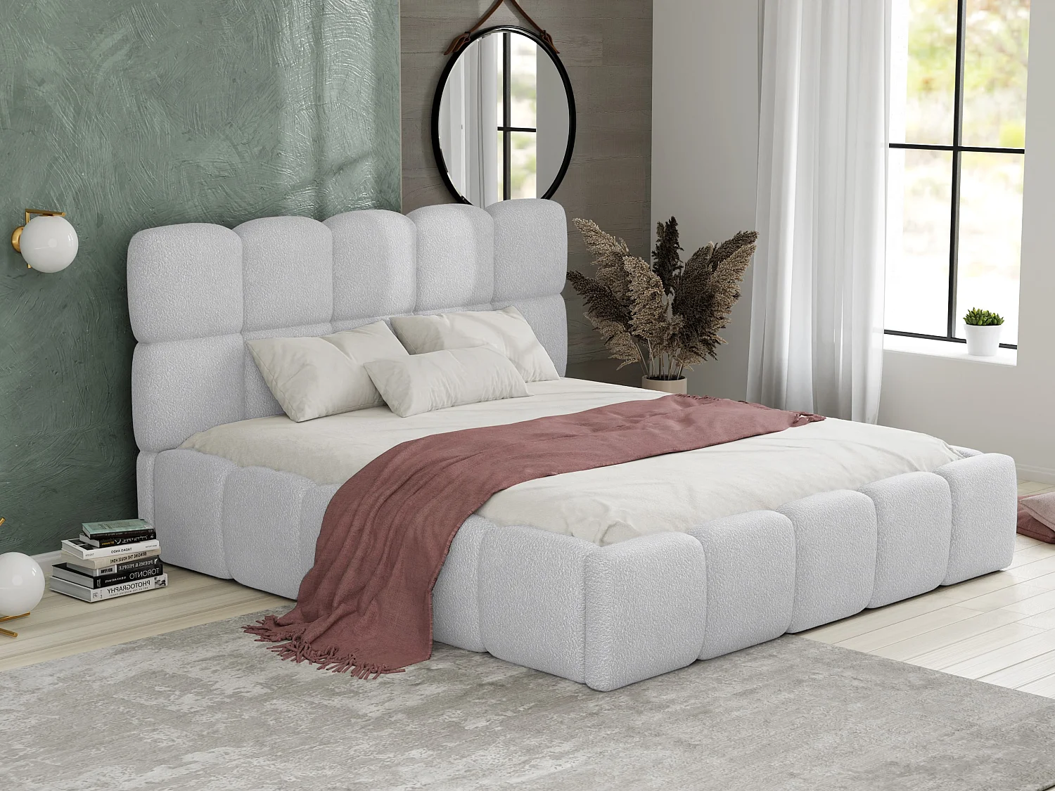 Bett mit Bettkasten - 160 x 200 cm - Bouclé-Stoff - Hellgrau - DAMADO von Pascal Morabito