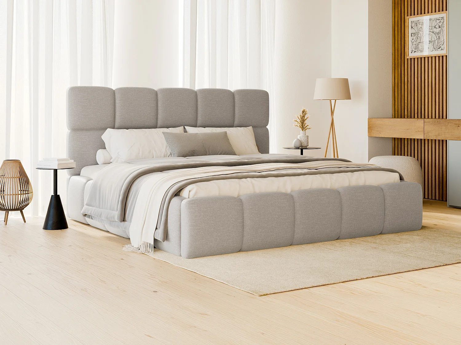 Bett mit Bettkasten - 160 x 200 cm - melierter Stoff - Hellgrau - DAMADO II von Pascal Morabito