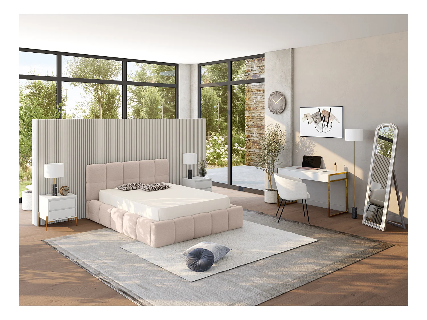 Lit coffre 180 x 200 cm - Tissu bouclette - Beige - DAMADO II de Pascal Morabito