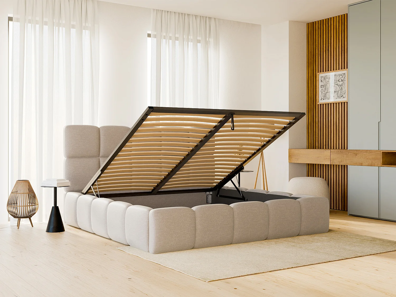 Lit coffre 180 x 200 cm - Tissu chiné - Beige - DAMADO II de Pascal Morabito