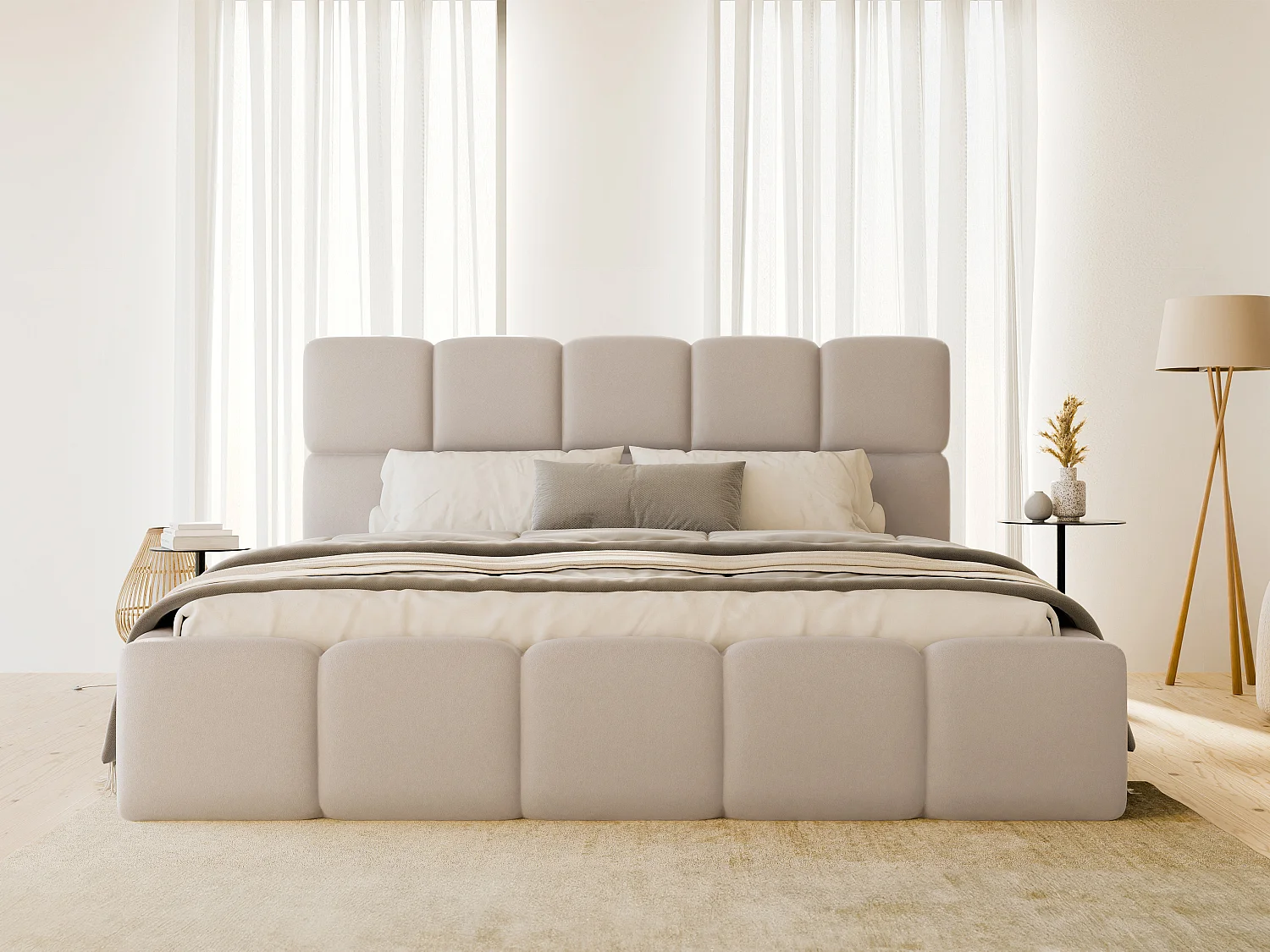 Bett mit Bettkasten - 180 x 200 cm - Stoff Leder-Optik - Beige - DAMADO von Pascal Morabito