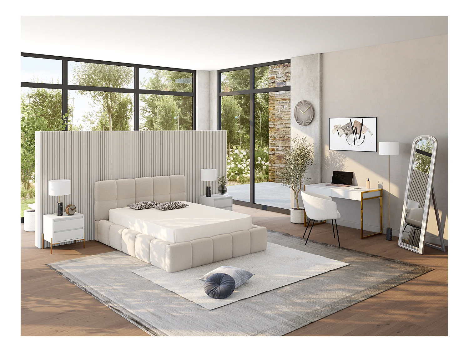 Lit coffre 200 x 200 cm - Tissu bouclette - Beige - DAMADO II de Pascal Morabito