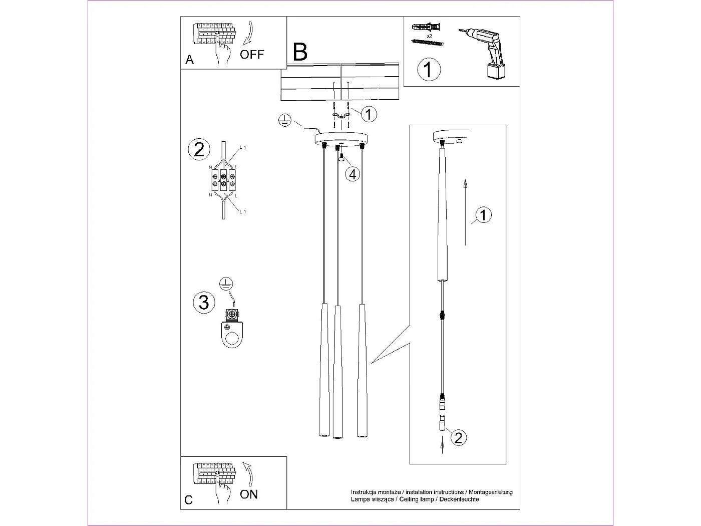 Lampa wisząca nowoczesny BLISS, stal - 3 źródło - L.19.5 x H.118 cm - czarny