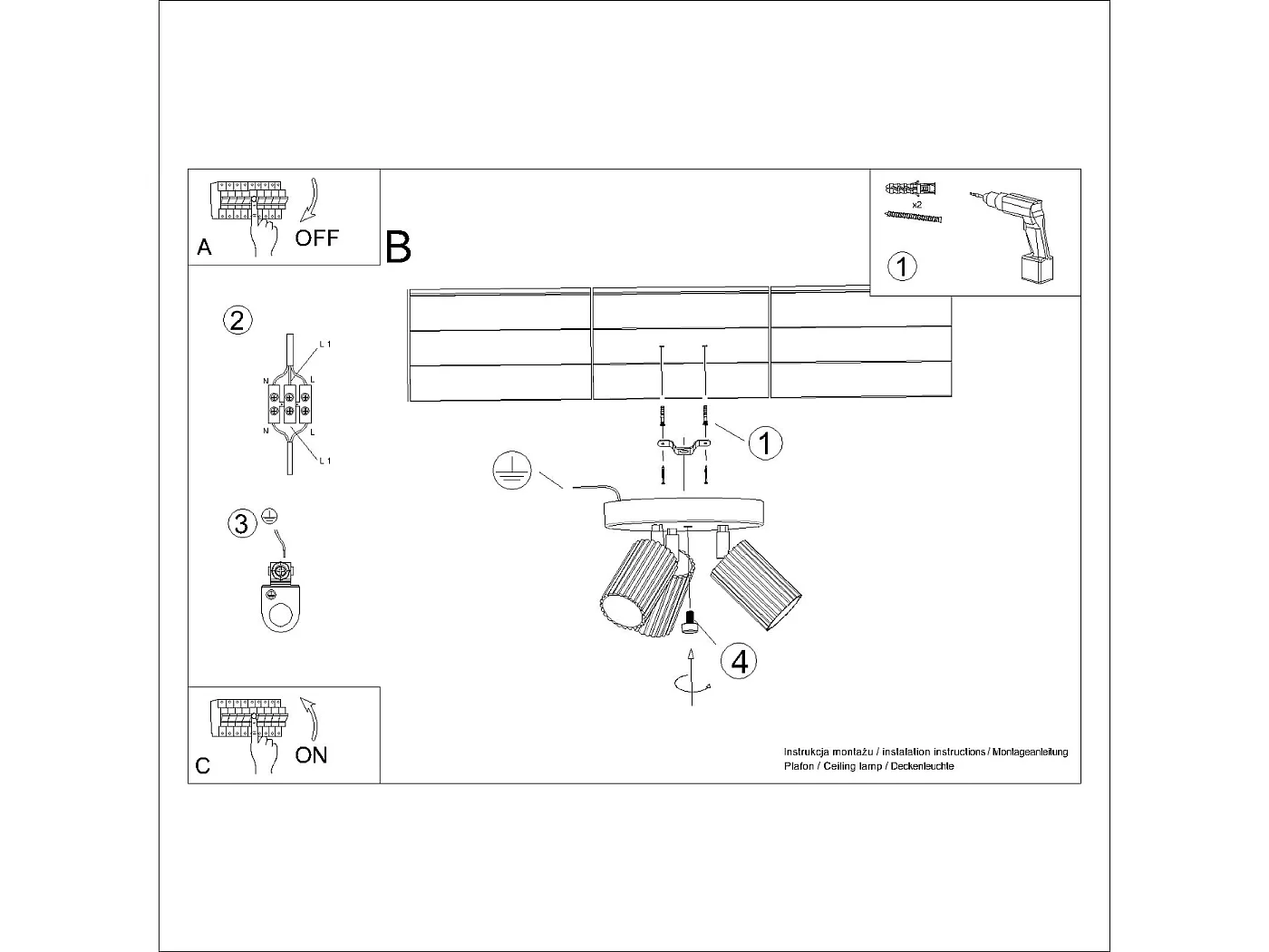 Deckenleuchte Karbon Minimalistisch Aus  Aluminium - 3 Lichtquellen - L.19,5 X H. Cm - Olivgrün