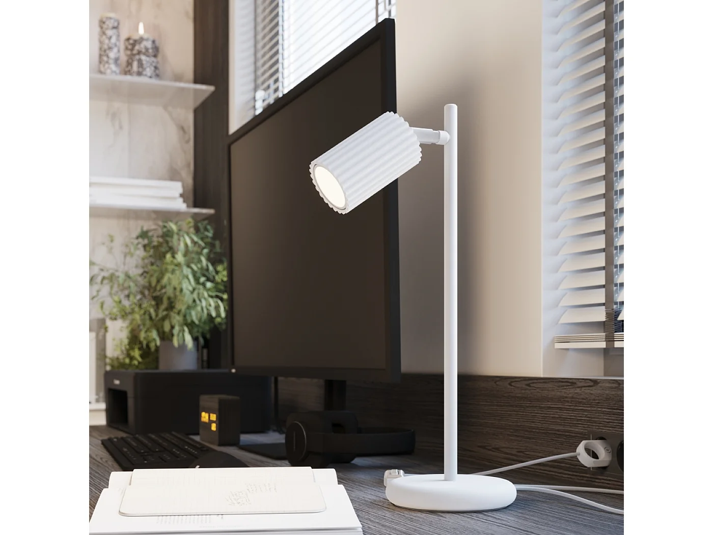 Lampe De Bureau Karbon Minimaliste En Aluminium - 1 Sources Lumineuses - L.14,5 X H.43 Cm - Blanc
