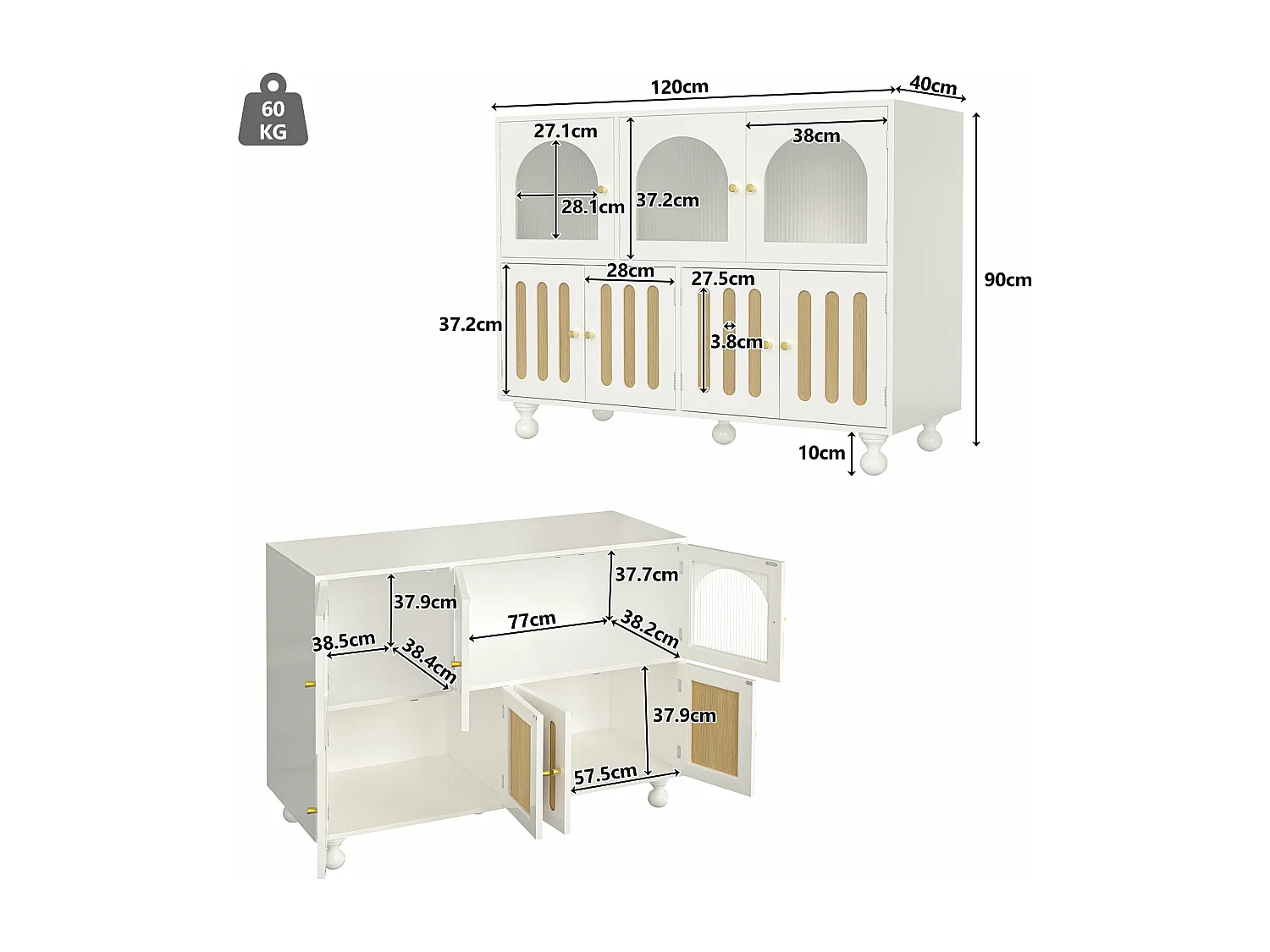 Buffet blanc élégant avec verre arc-en-ciel,d120cm×h90cm