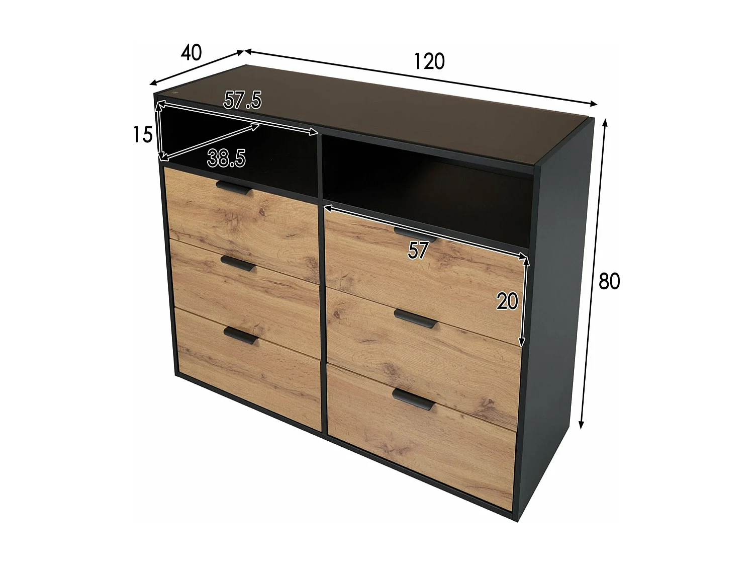 Buffet en verre avec poignées en métal - 6 tiroirs,d120cm×h80cm