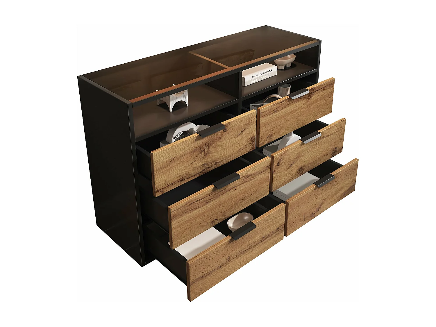 Buffet en verre avec poignées en métal - 6 tiroirs,d120cm×h80cm