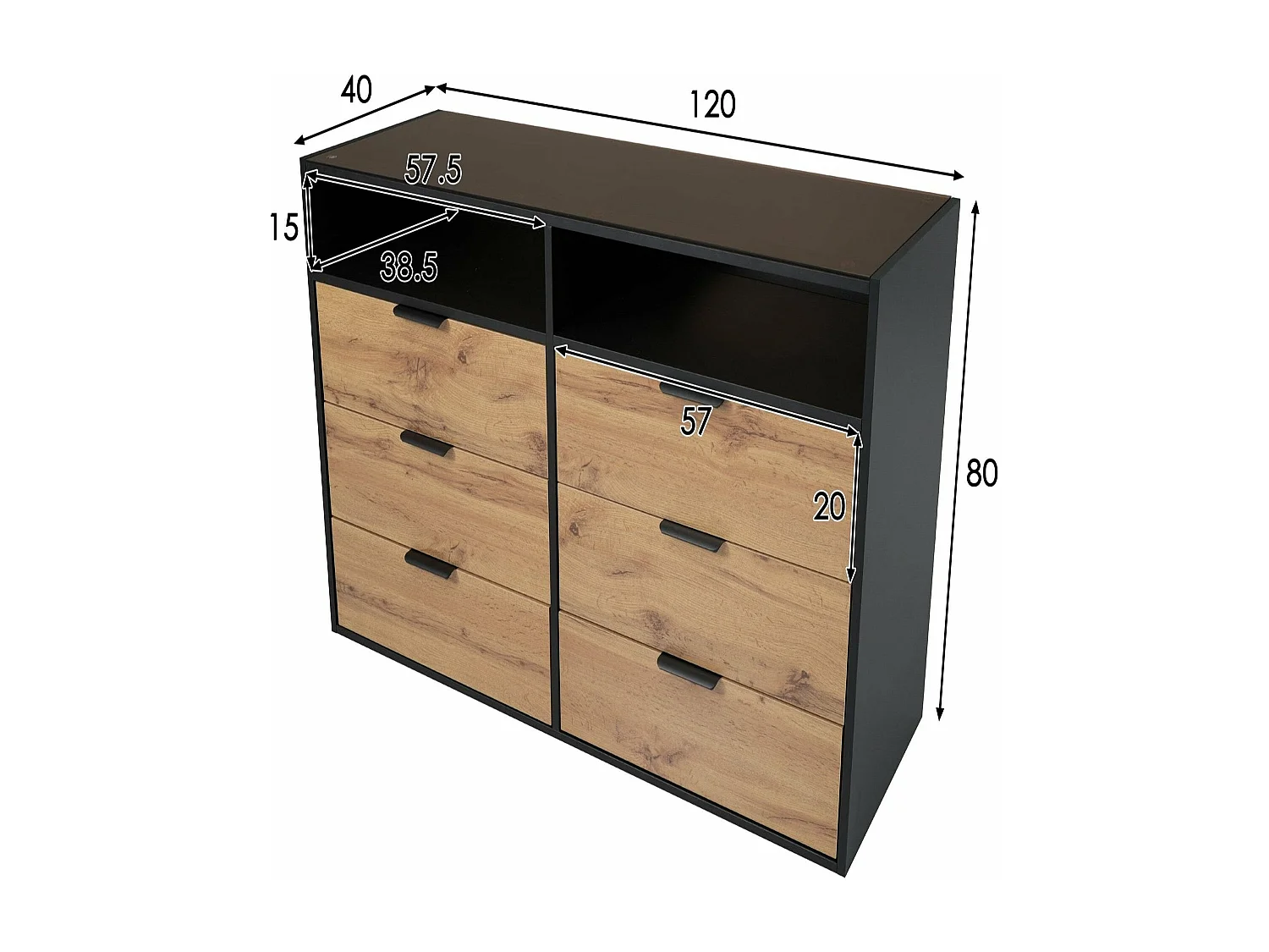 Buffet en verre avec poignées en métal - 6 tiroirs,d120cm×h80cm