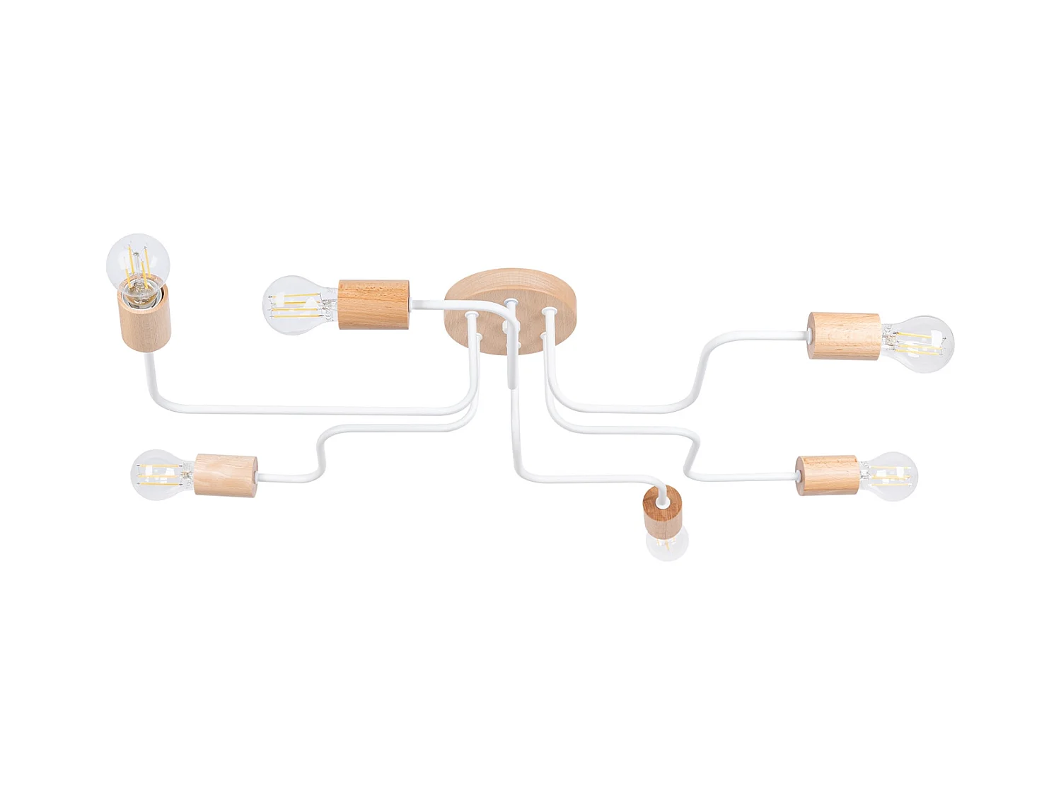 Lustre Timbo Grenier En Acier/Bois - 6 Sources Lumineuses - L.85 X H.16,5 Cm - Blanc/Bois Naturel