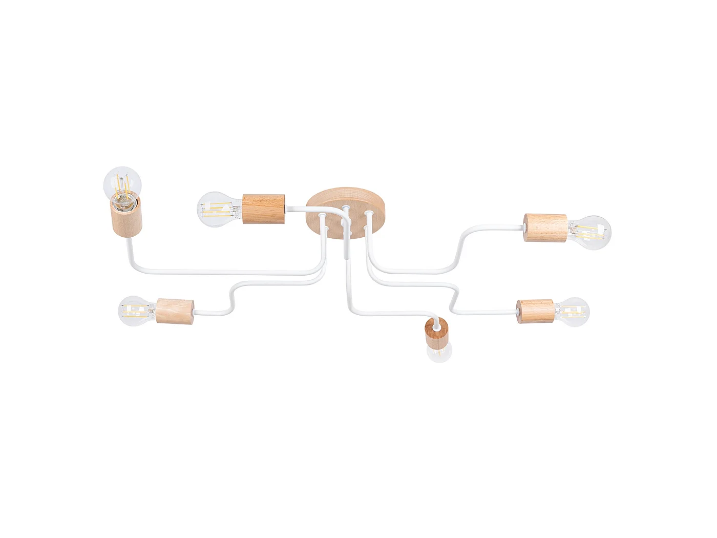Lustre Timbo Grenier En Acier/Bois - 6 Sources Lumineuses - L.85 X H.16,5 Cm - Blanc/Bois Naturel