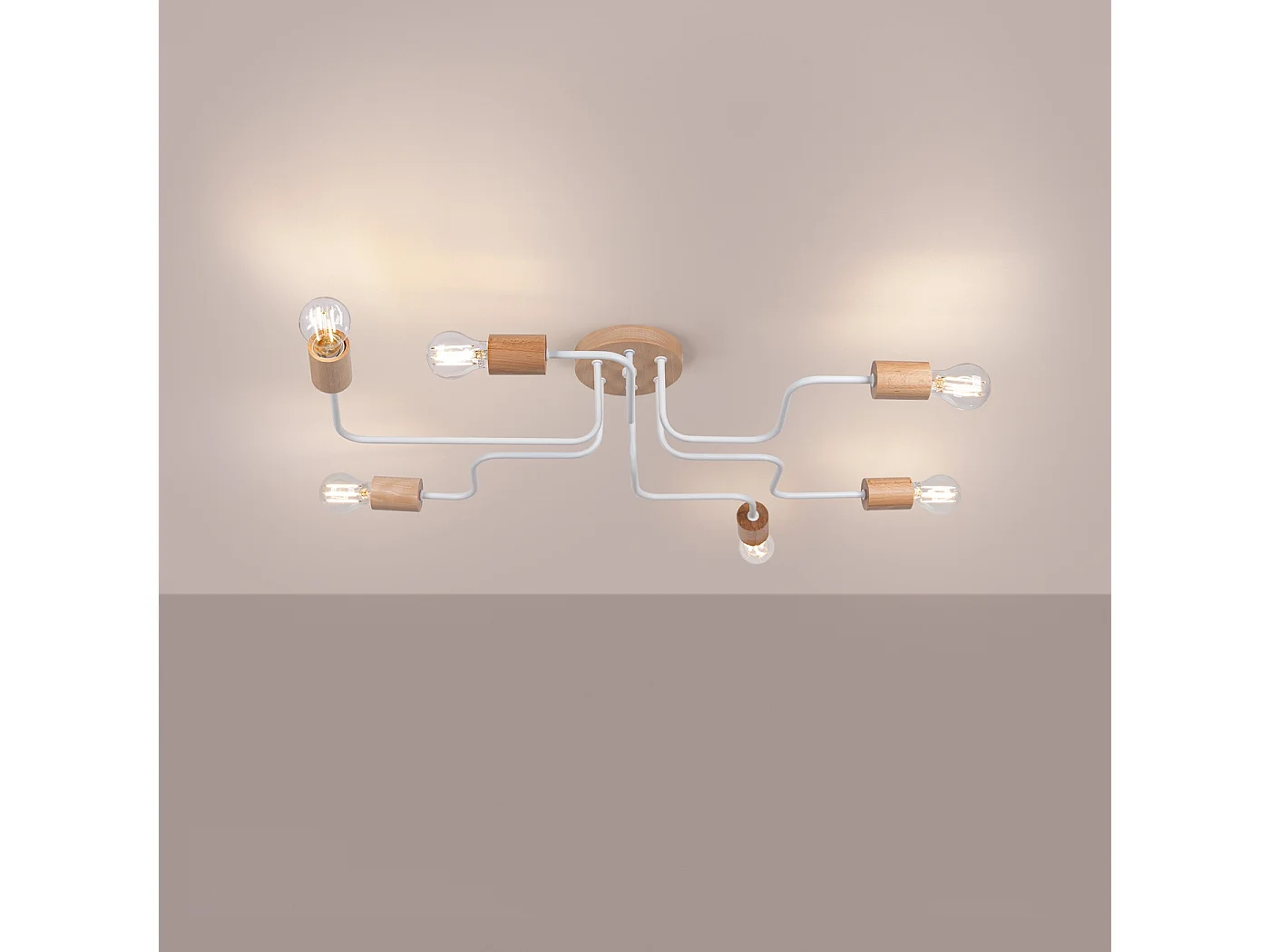 Lustre Timbo Grenier En Acier/Bois - 6 Sources Lumineuses - L.85 X H.16,5 Cm - Blanc/Bois Naturel