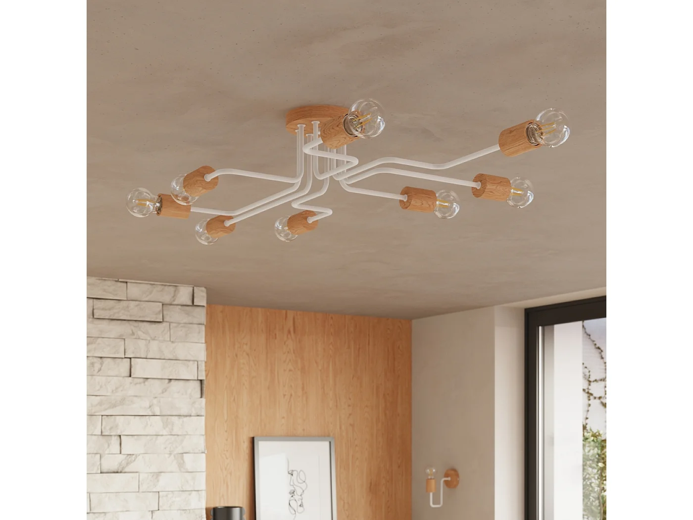 Lustre Timbo Grenier En Acier/Bois - 8 Sources Lumineuses - L.100 X H.16,5 Cm - Blanc/Bois Naturel