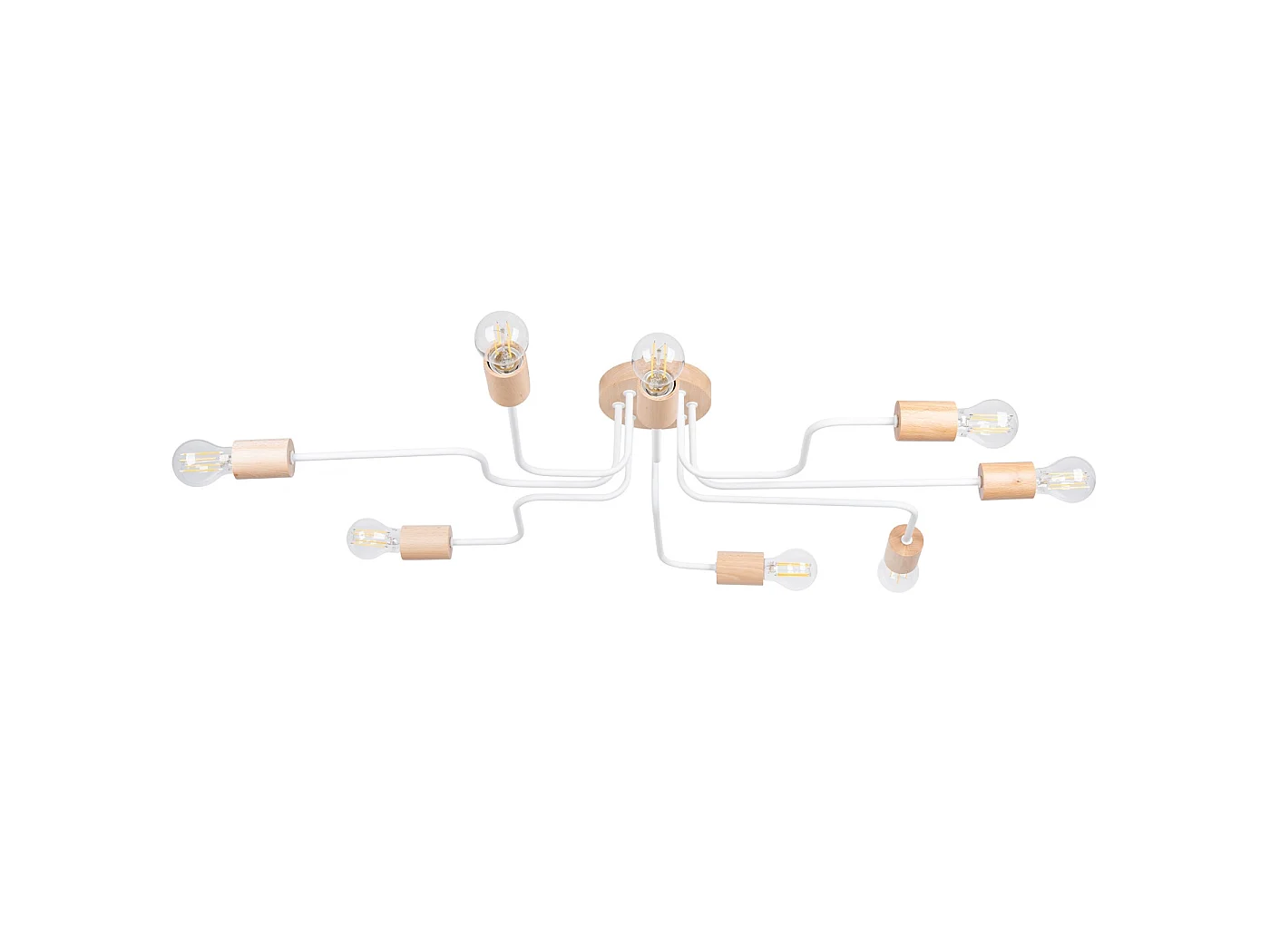Lustre Timbo Grenier En Acier/Bois - 8 Sources Lumineuses - L.100 X H.16,5 Cm - Blanc/Bois Naturel