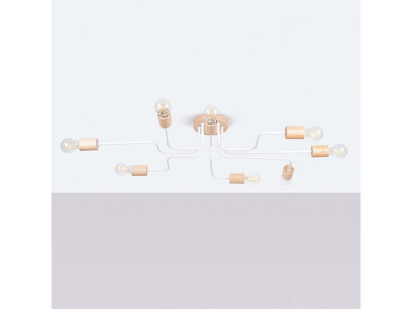 Lustre Timbo Grenier En Acier/Bois - 8 Sources Lumineuses - L.100 X H.16,5 Cm - Blanc/Bois Naturel