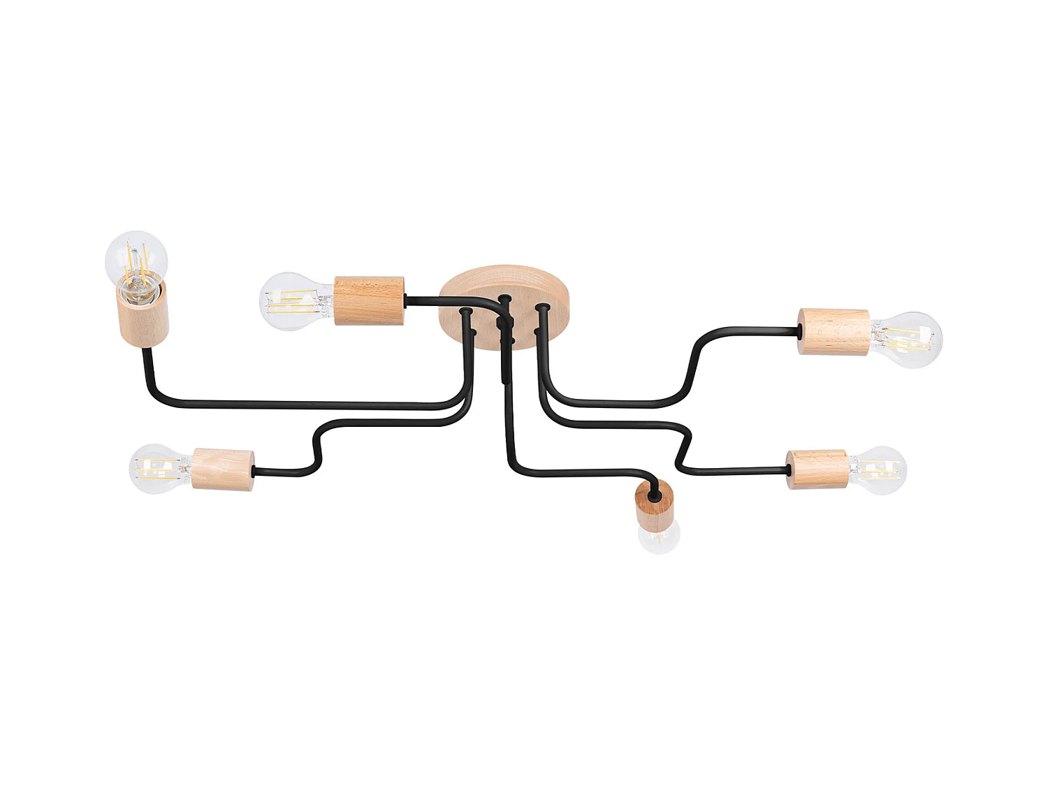 Lustre Timbo Grenier En Acier/Bois - 6 Sources Lumineuses - L.85 X H.16,5 Cm - Noir/Bois Naturel