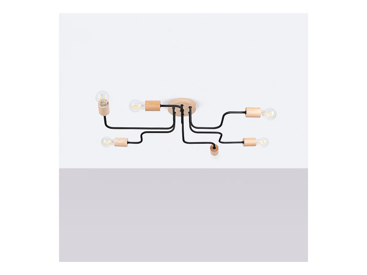 Lustre Timbo Grenier En Acier/Bois - 6 Sources Lumineuses - L.85 X H.16,5 Cm - Noir/Bois Naturel