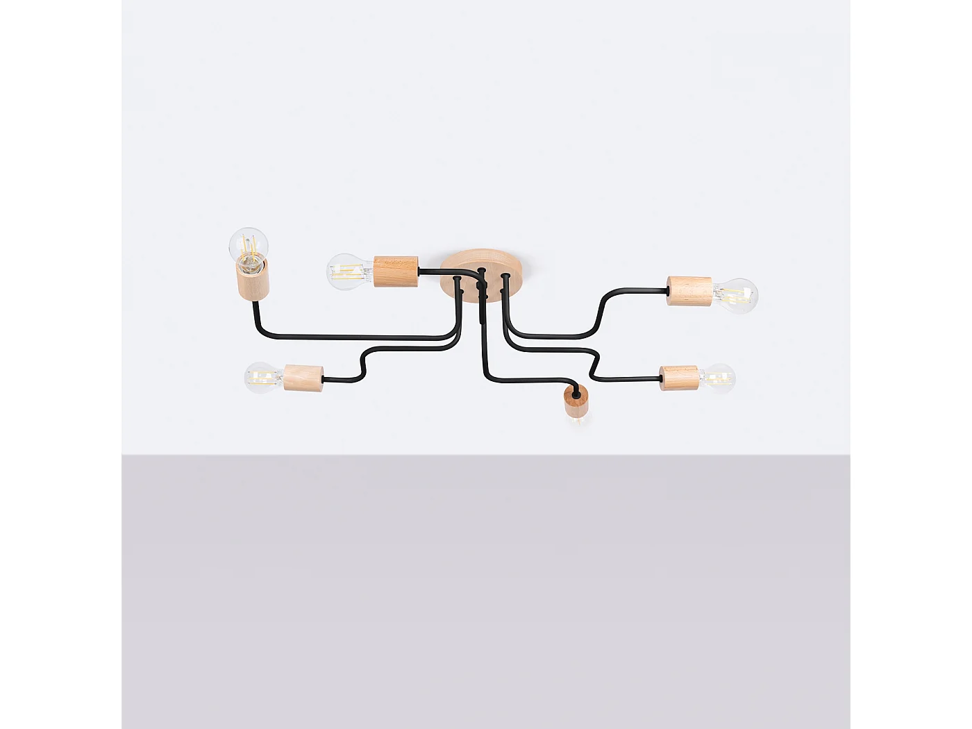 Lustre Timbo Grenier En Acier/Bois - 6 Sources Lumineuses - L.85 X H.16,5 Cm - Noir/Bois Naturel