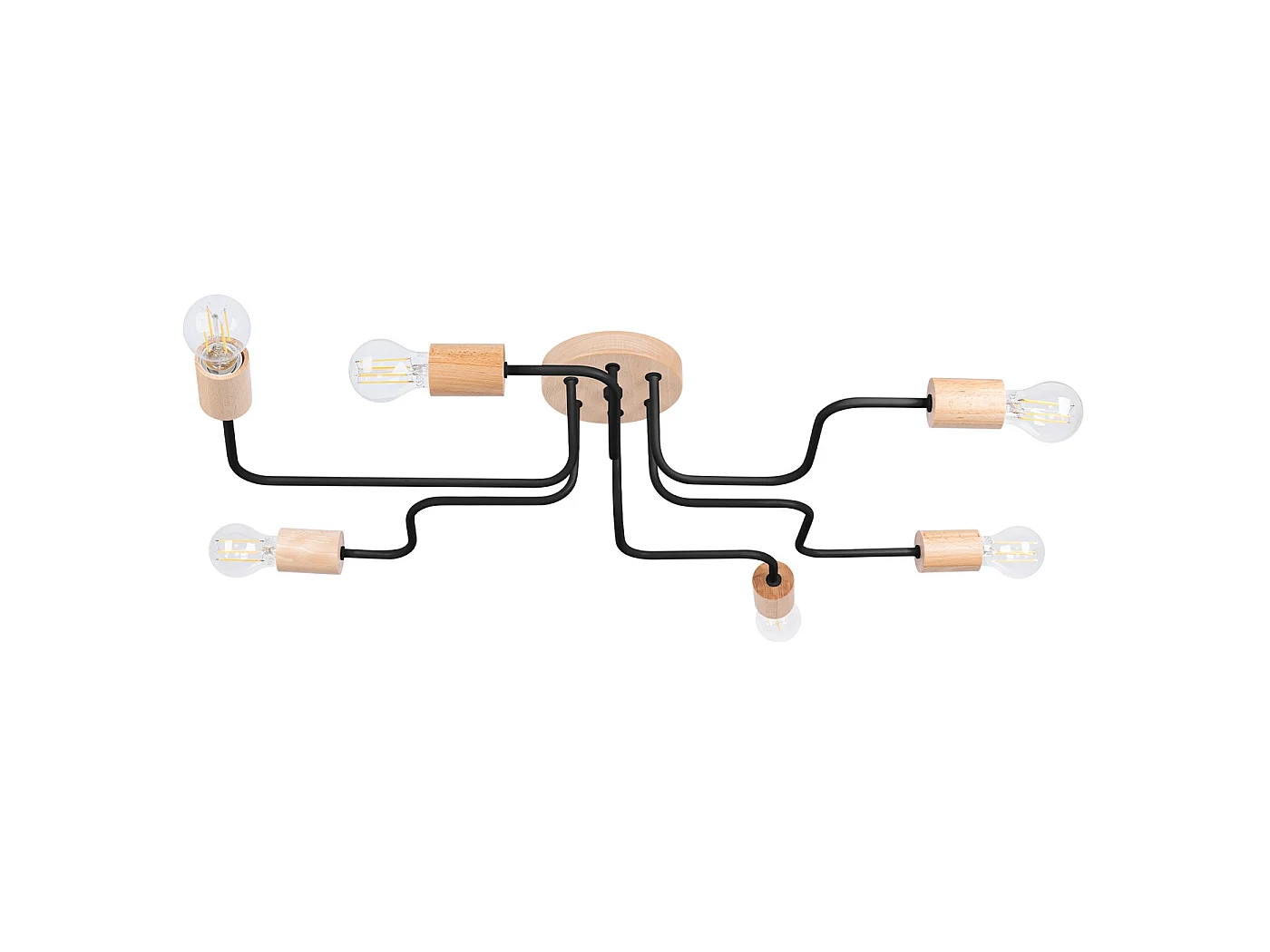 Lustre Timbo Grenier En Acier/Bois - 6 Sources Lumineuses - L.85 X H.16,5 Cm - Noir/Bois Naturel